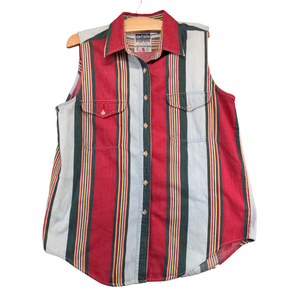 Details Express Mens Button Up Vest Multi-Striped Large Sleeveless Cotton